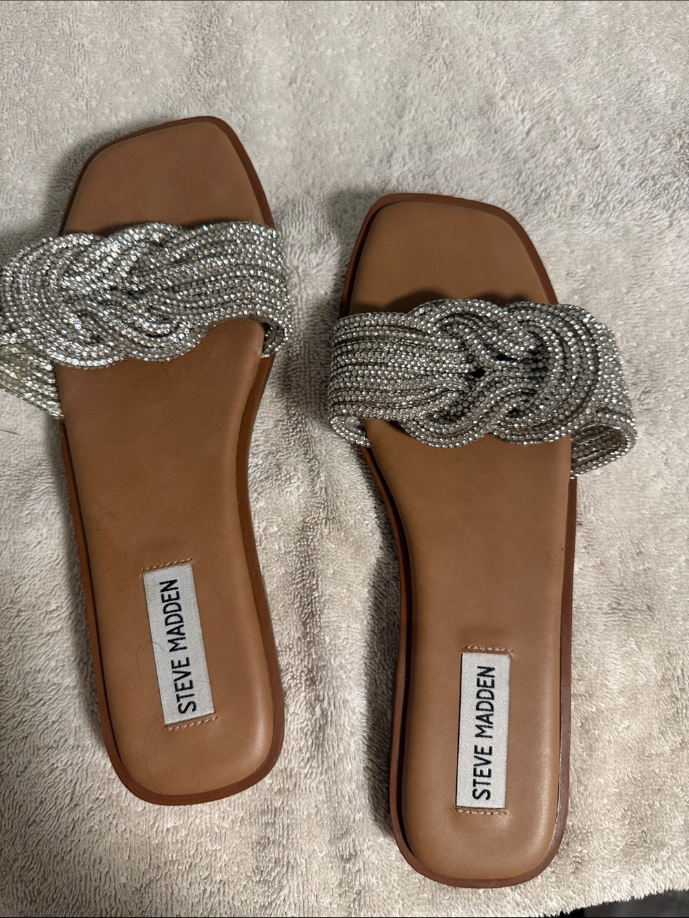 Steve Madden Tan Slide Sandals with Silver Beaded Strap